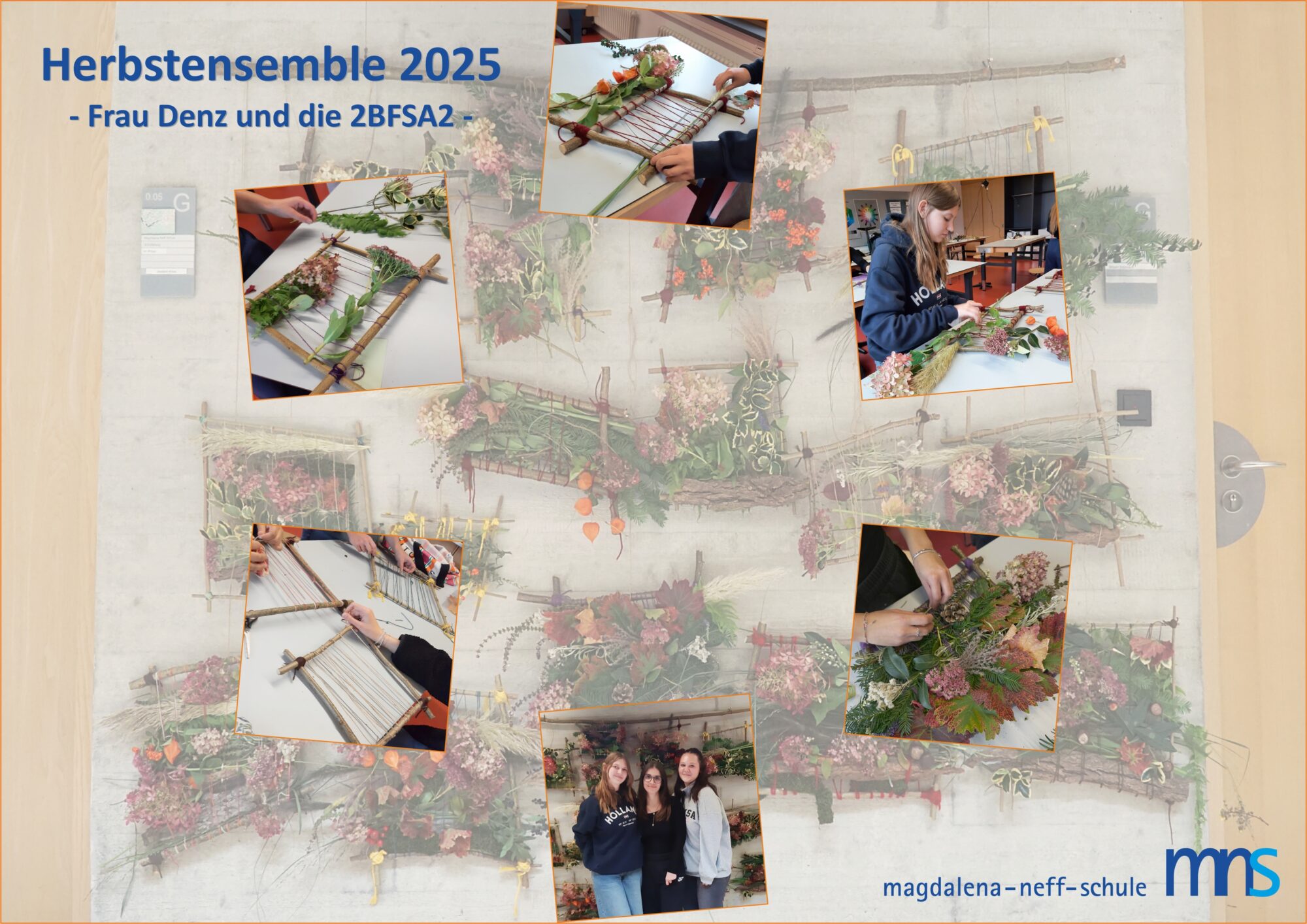 Collage, die zeigt, wie Schüler mit Stöcken, Blättern und Schnüren herbstliche Wandbehänge herstellen. Nahaufnahmen der arbeitenden Hände, Gruppenfotos und fertige Dekorationen sind auf einer Hintergrundwand angeordnet. Der Text enthält Details zur Veranstaltung.
