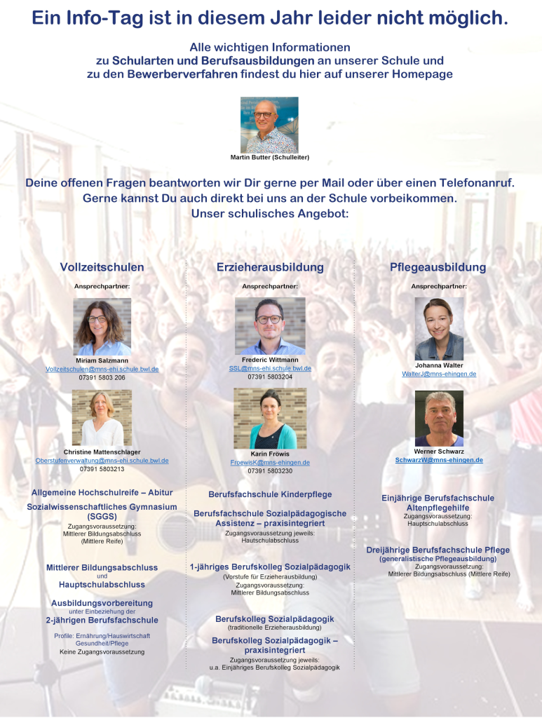 Ein Plakat, das darauf hinweist, dass dieses Jahr kein Infotag stattfinden kann, mit Kontaktdaten von Mitarbeitern, Bildern von Teammitgliedern und Informationen über Vollzeit-, Erzieher- und Pflegeausbildungsprogramme an einer Schule. Im Hintergrund lächeln Menschen.