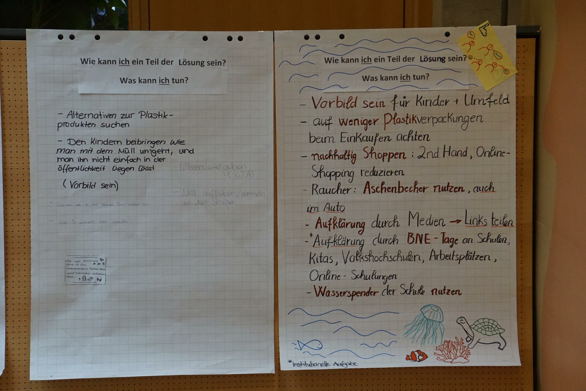Auf zwei handgeschriebenen Plakaten in deutscher Sprache werden Möglichkeiten zur Verringerung des Plastikmülls aufgezählt, wie z. B. Vorbildfunktion, Vermeidung von Plastikverpackungen, Secondhand-Einkauf und Teilnahme an Reinigungsaktionen. Ein Plakat ist mit Zeichnungen zum Thema Meer verziert.