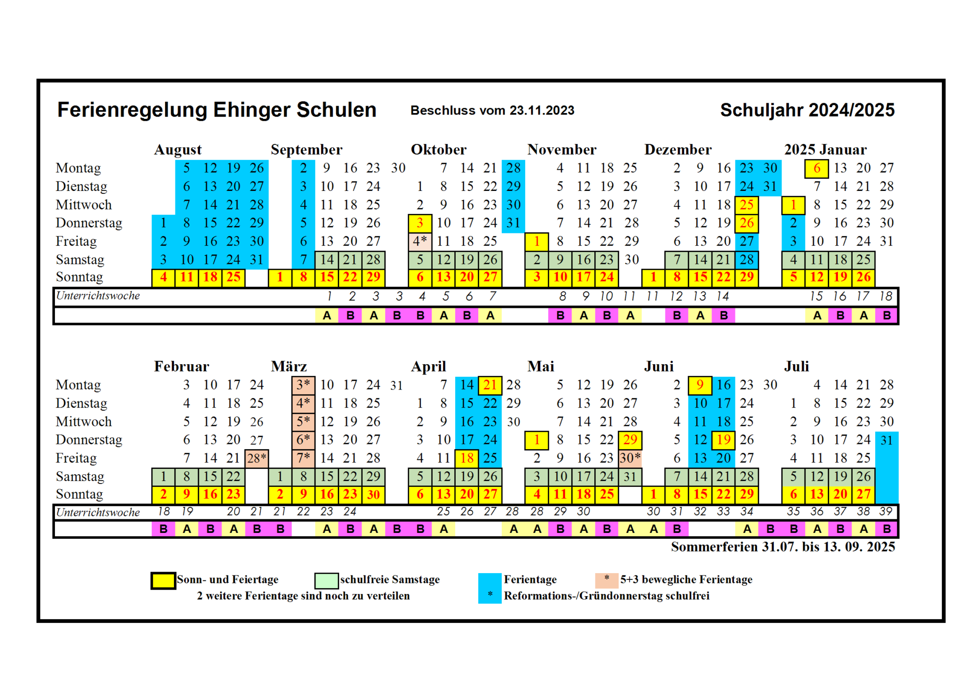 Ein Kalender für das Schuljahr 2024/2025 in Ehingen, Deutschland, mit Schulferien, Feiertagen und besonderen Tagen in farblich gekennzeichneten Blöcken für jeden Monat von August 2024 bis Juli 2025.