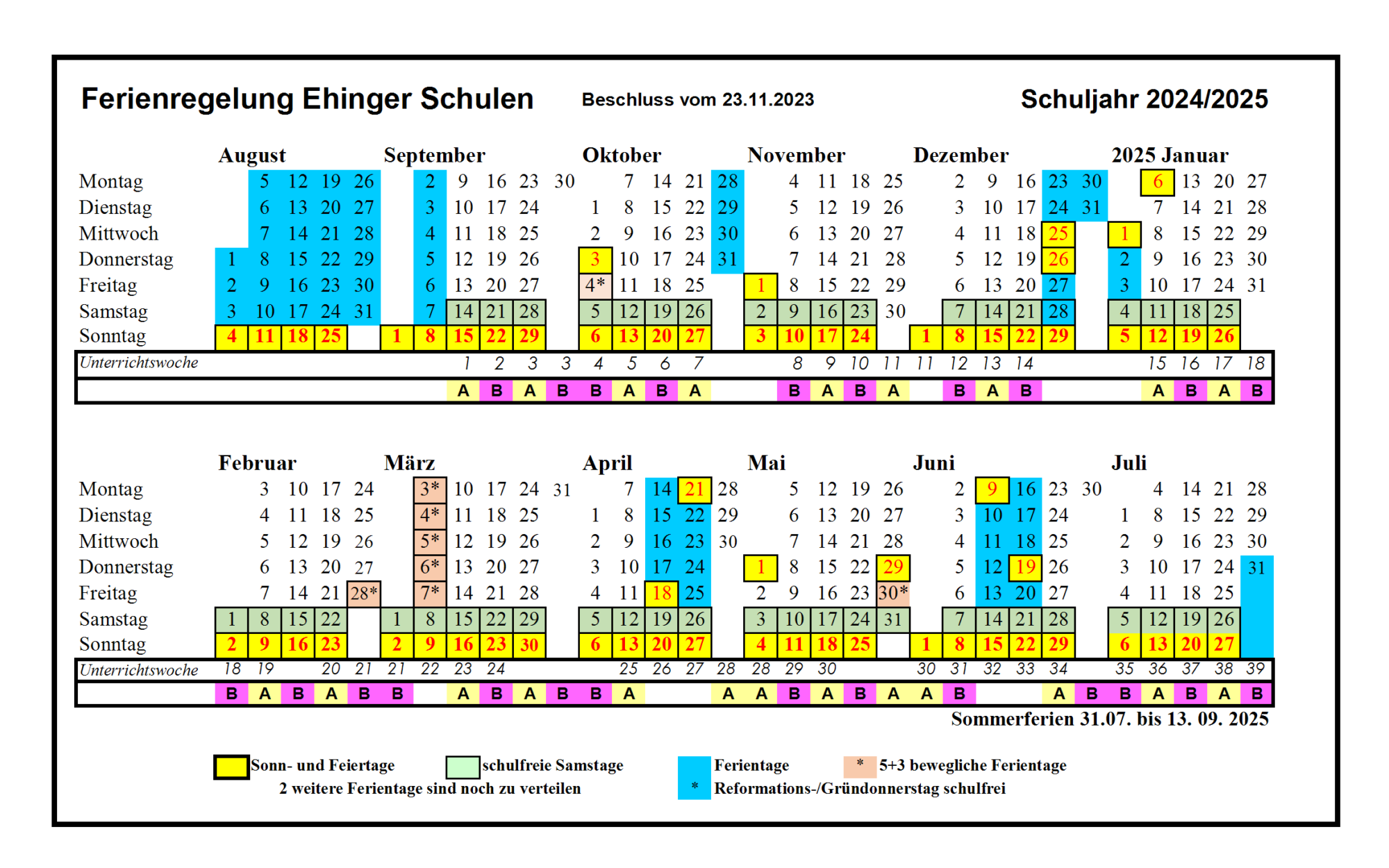 Kalender für die Ehinger Schulen 2024/2025 mit Schulferien, Feiertagen und Schulwochen, gekennzeichnet durch farbige Kästchen für jeden Monat von August 2024 bis Juli 2025, mit einer Legende am unteren Rand.